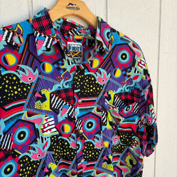 Vintage Next Exit Button Up Shirt Men's Small Multicolor Retro Geometric Trippy - Picture 3 of 6